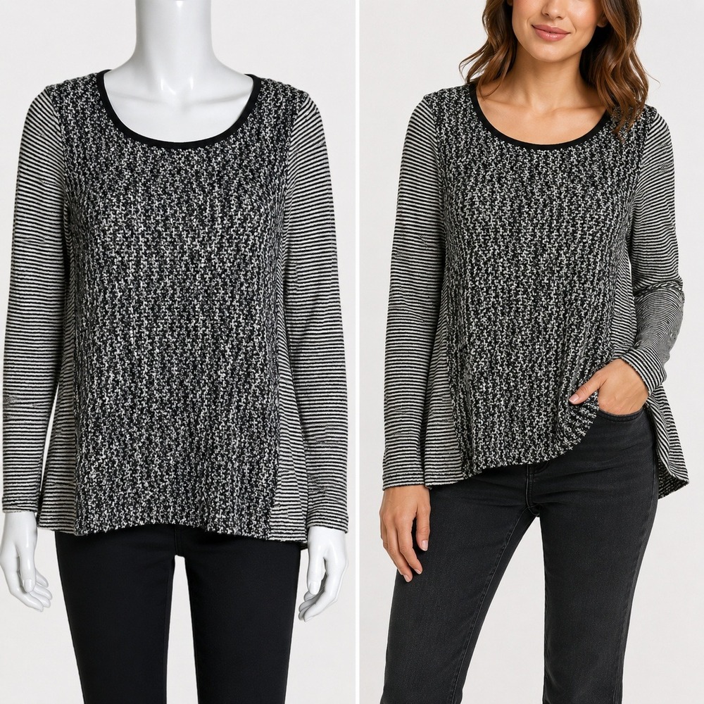 IZ Byer Sweater Gray Black Marled Multi Pattern Long Sleeve Lightweight Knit